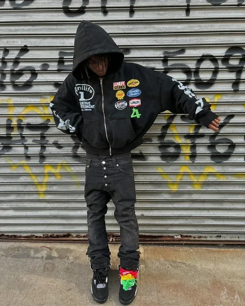 Men’s Casual Printed Zip‑Up Hoodie