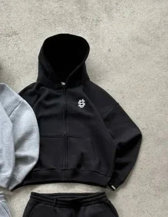 Men’s Sportswear Set – Cotton/Polyester, Geometric Print, Zipper Closure, Full Sleeve