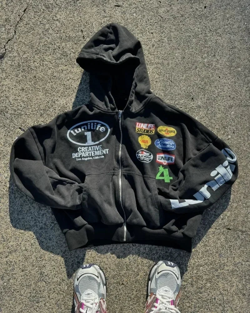 Men’s Casual Printed Zip‑Up Hoodie