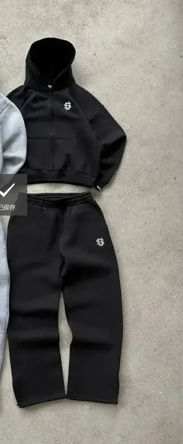 Men’s Sportswear Set – Cotton/Polyester, Geometric Print, Zipper Closure, Full Sleeve