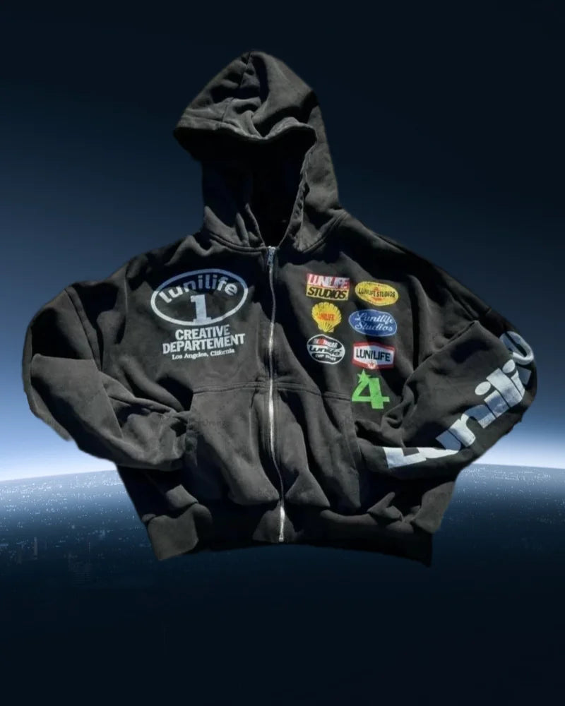 Men’s Casual Printed Zip‑Up Hoodie