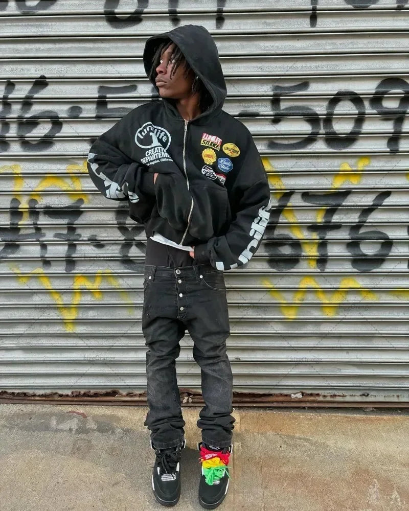 Men’s Casual Printed Zip‑Up Hoodie