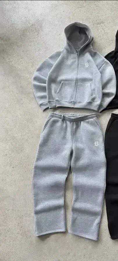 Men’s Sportswear Set – Cotton/Polyester, Geometric Print, Zipper Closure, Full Sleeve