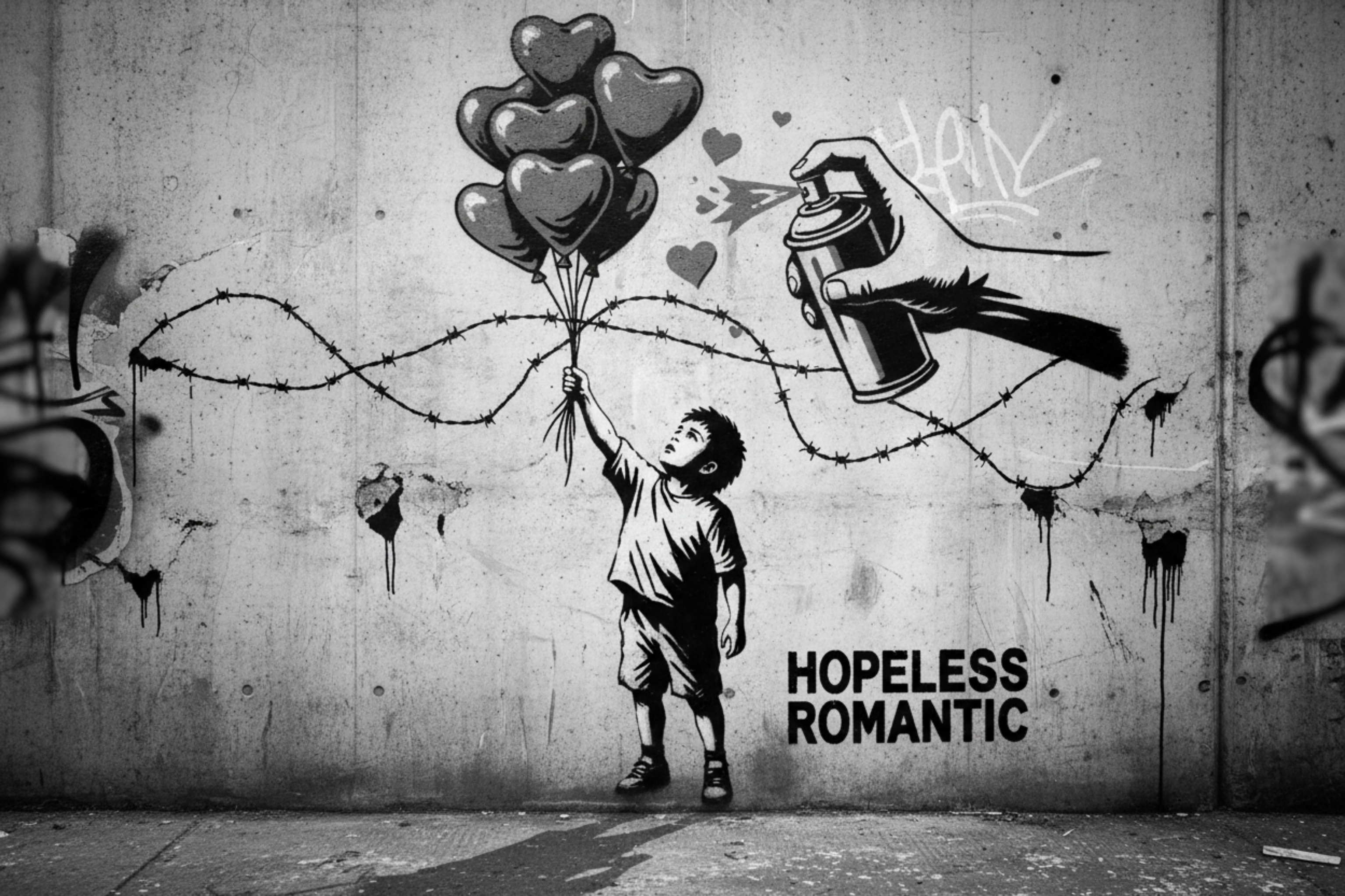 banksy inspireret graffiti i sort hvid med størrelse forhold 3645 2048
