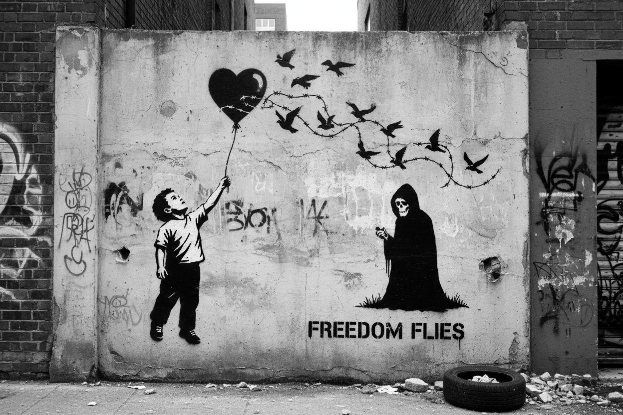 banksy ispireret graffiti i sort hvid